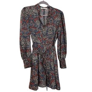 Zara Floral Long Sleeve Mini Dress Button Down Belt